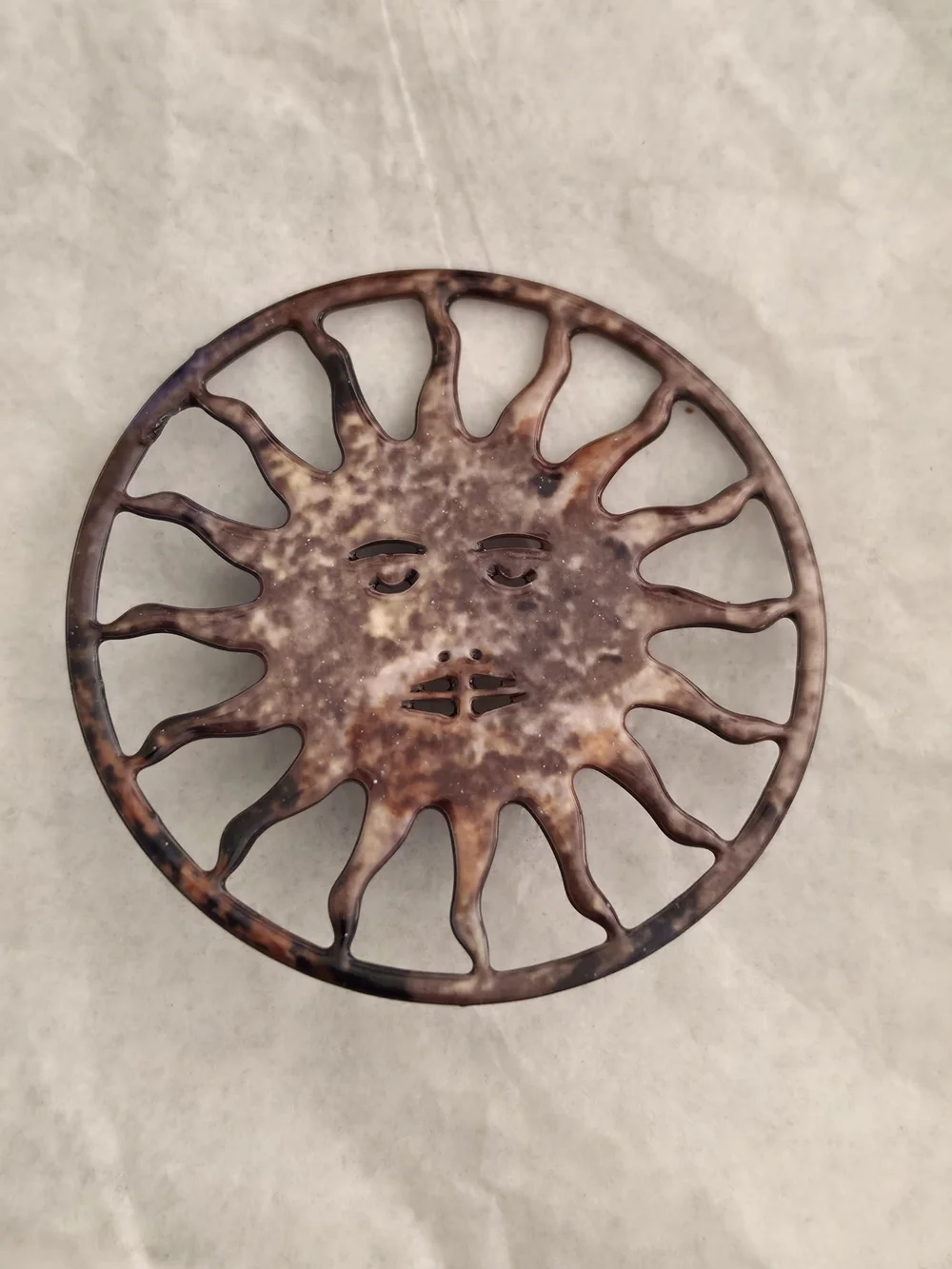 Vintage Sunburst Metal Brooch Pin in Brown Patina